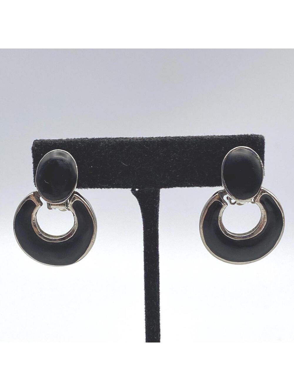 Vintage Silver Tone Black Enamel Door Knocker Earrings